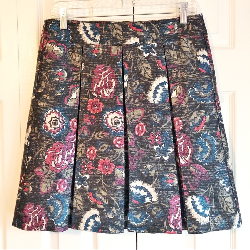 LOFT Metallic Multi Floral Brocade Jacquard Print Pleated A-Line Skirt 6